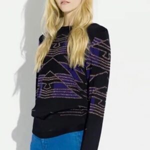 Surface to Air Ribbed Knit Geometric Pattern Black Purple Gold Metallic Sweater